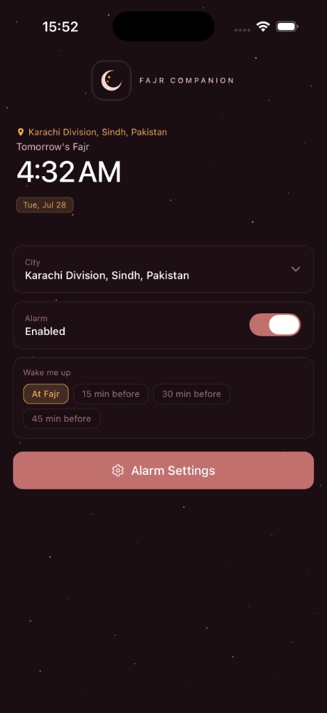 Fajr Companion app home screen